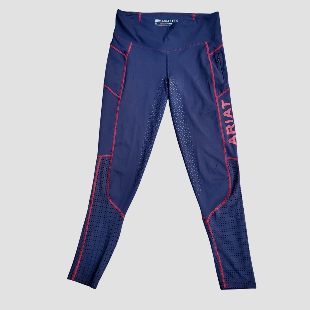 Ariat Tek Team Navy Red Full Seat Silicone Grip Equestrian Riding Pants Tights M - Picture 2 of 12